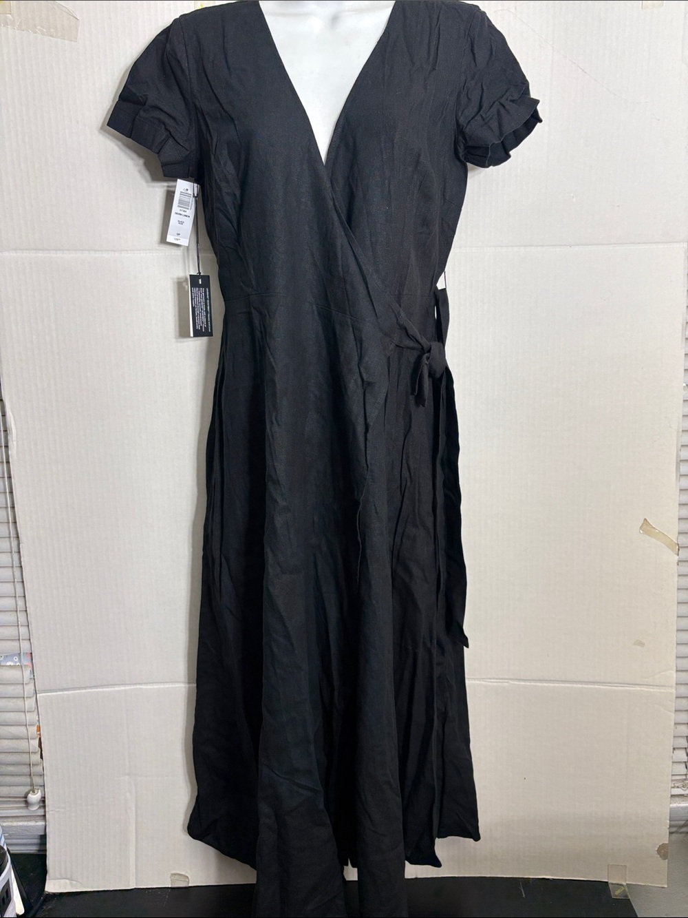 Aritzia Babaton Black Wrap Maxi Dress with Short Sleeves Dern Linen Dress 7394